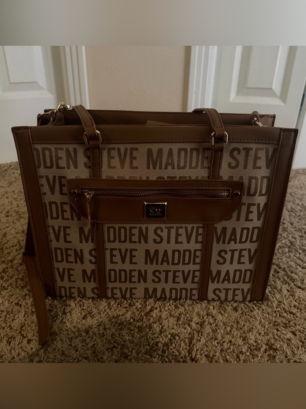 Steve Madden Brown Logo Canvas Laptop Tote